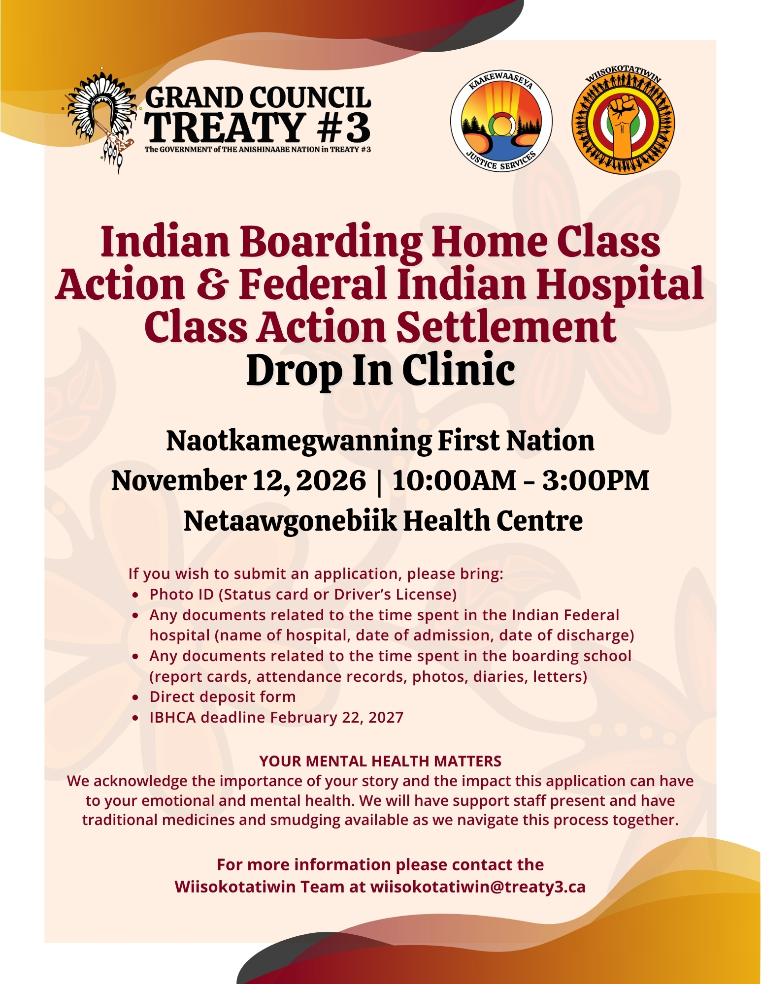 Indian Boarding Home Class Action and Federal Indian Hospital Class Action Settlement Drop-In Clinic in Naotkamegwanning First Nation